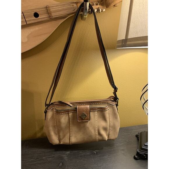 Vintage b.o.c. BORN Crossbody Purse 2 Tone Tan Faux‎ Suede Double Strap - Picture 2 of 15